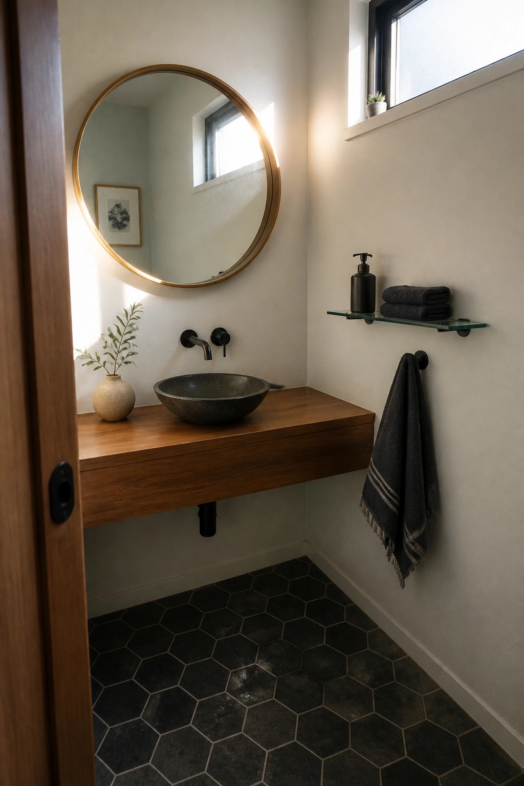 Modern bathroom with round gold mirror, wooden vanity, stone sink, and hexagonal tiles.