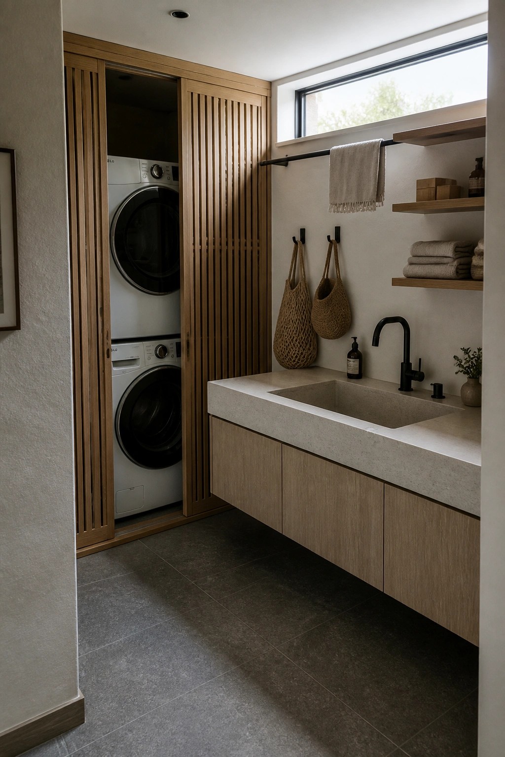 Laundry room interior showing a stacked washer and dryer partially hidden behind vertical wooden slatted doors next to a floating wood vanity with concrete sink.