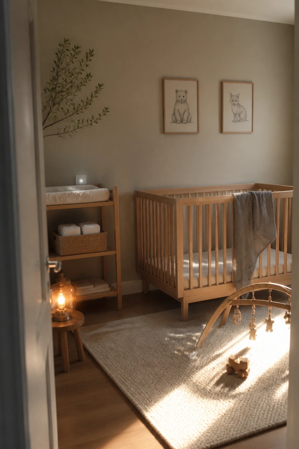 A light wood crib and changing table in a neutral nursery with framed animal prints, a woven rug, and soft daylight across the floor.