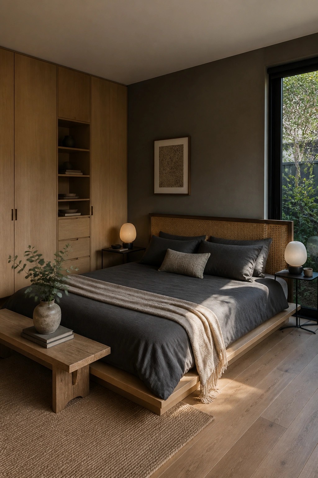 Minimalist bedroom with low wooden bed, dark linens, woven headboard, and warm lighting.