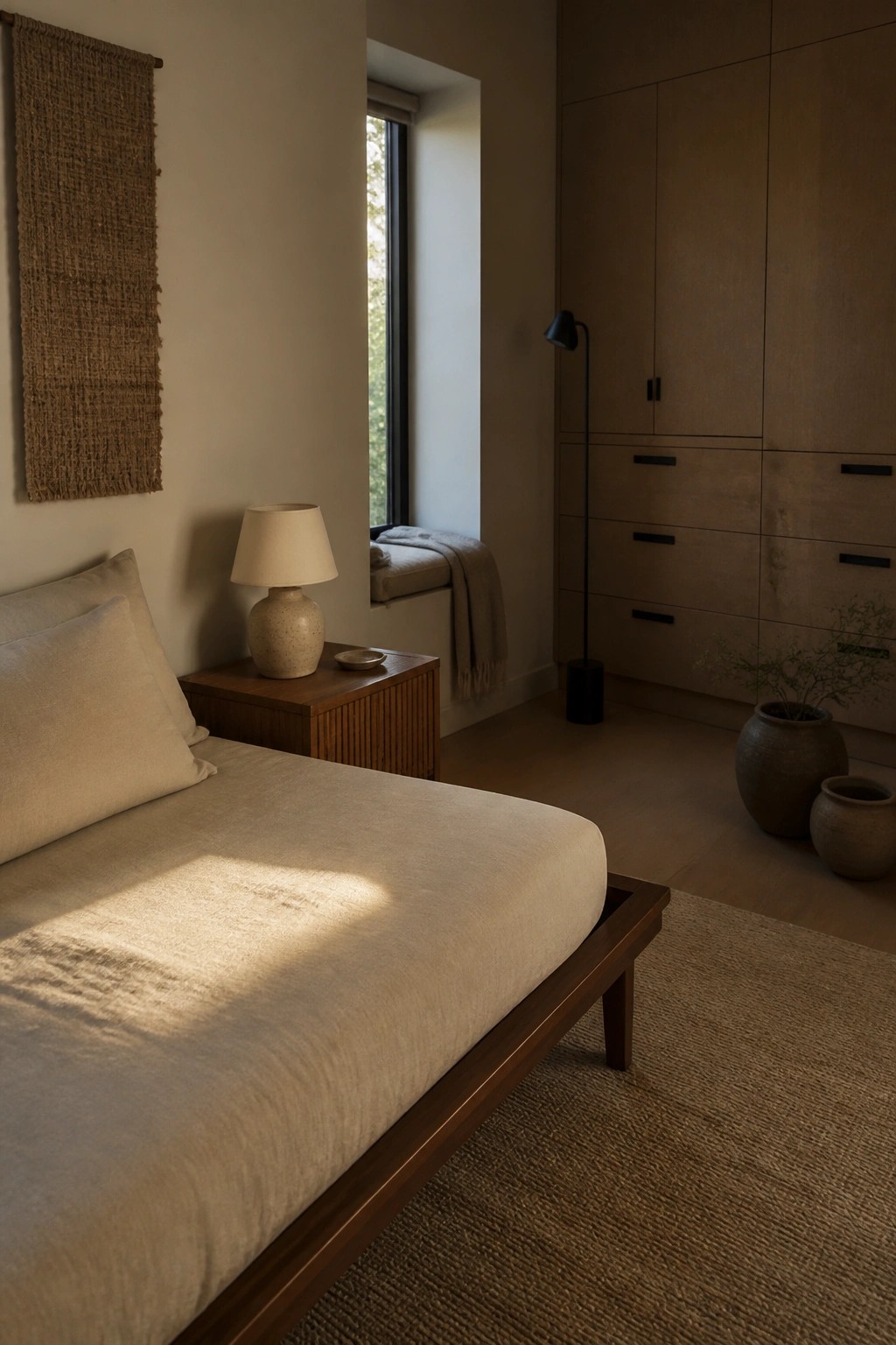 A minimalist bedroom featuring a low wooden bed with beige linen bedding, a matching wooden nightstand with a ceramic lamp, tall built-in wood cabinets, and a woven rug on the floor.