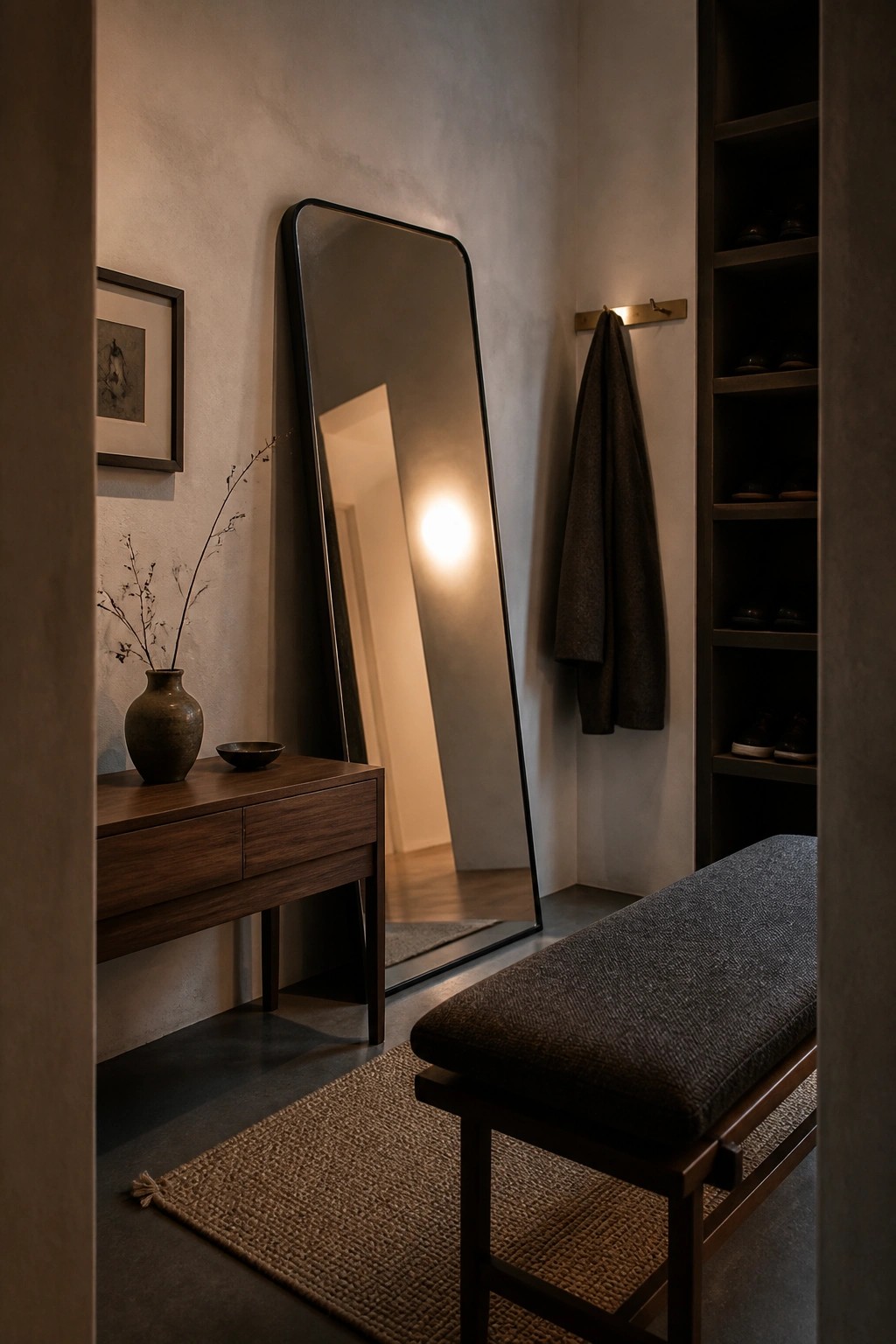 A narrow interior hallway shows a tall black-framed mirror leaning against a light wall above a wooden console table, with a dark upholstered bench in front and built-in wooden shelves holding shoes on the right.