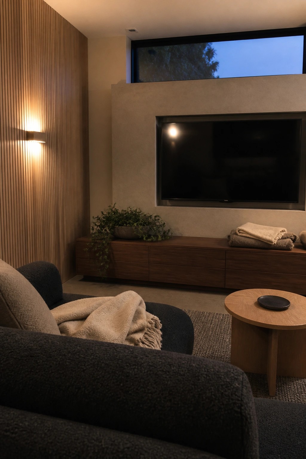 A living room interior showing vertical wood paneling on the left wall with a wall sconce, a low wooden media console below a wall-mounted television, and a dark upholstered sofa in the foreground.