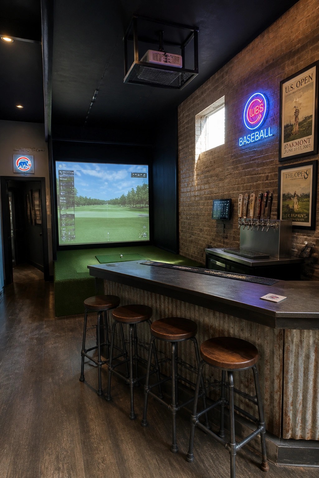 Indoor bar with golf simulator screen, beer taps, Cubs neon sign, and bar stools.
