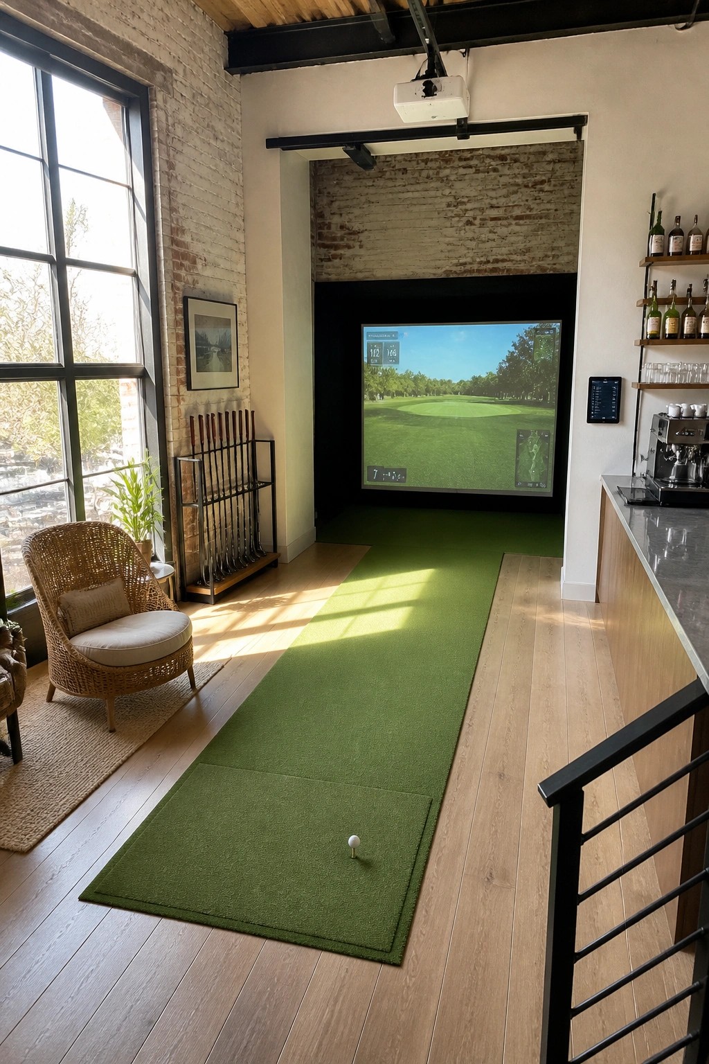 An indoor golf simulator room with a large impact screen, green turf mat, bar counter with bottles on the right side, and seating area on the left.