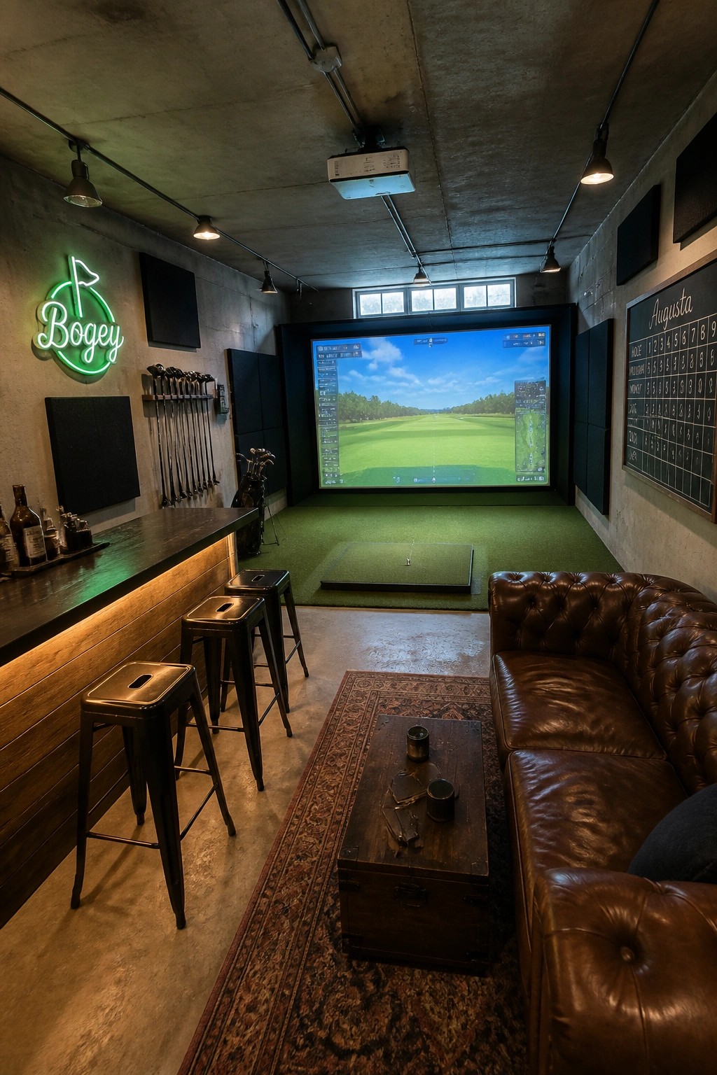 Indoor golf simulator with projector screen, leather couch, bar stools, and neon sign.
