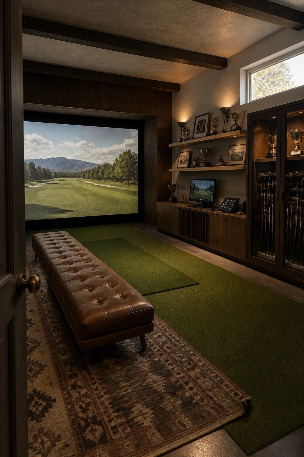 Luxurious golf simulator room with large course screen, leather bench, and trophy displays.
