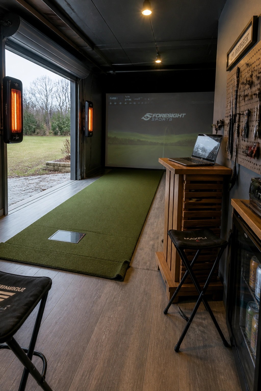 Interior view of a garage golf simulator with green turf, an impact screen, laptop on a wooden stand, two wall-mounted heaters beside an open garage door, and stools.