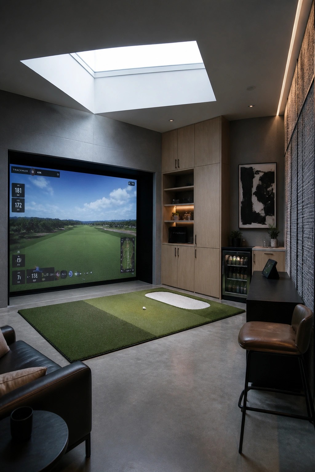 An indoor golf simulator room featuring a large impact screen with a golf course display, a turf mat and putting green on the floor, a skylight overhead, and adjacent seating and bar area.