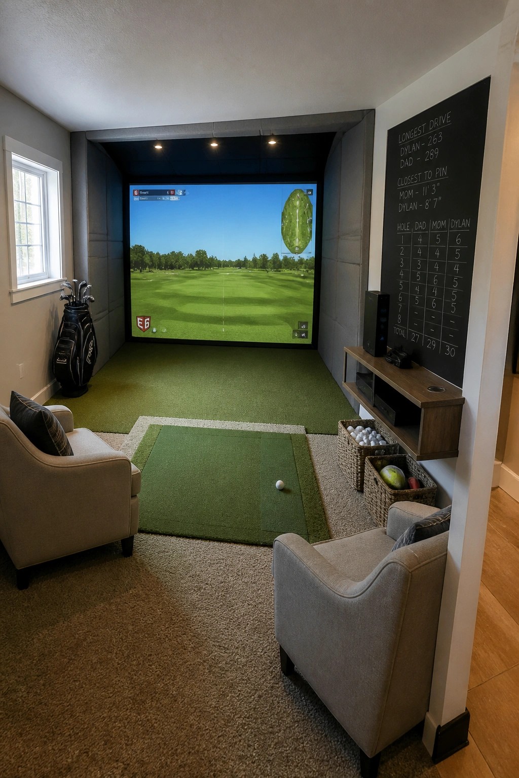 Home golf simulator room with large screen, turf mat, armchairs, and chalkboard scores.