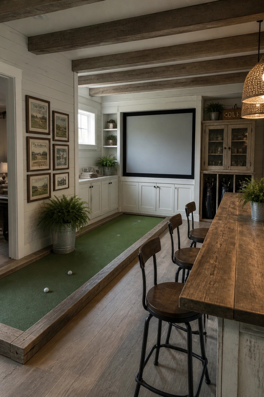 Rustic bar with putting green, stools, wooden beams, and large wall screen