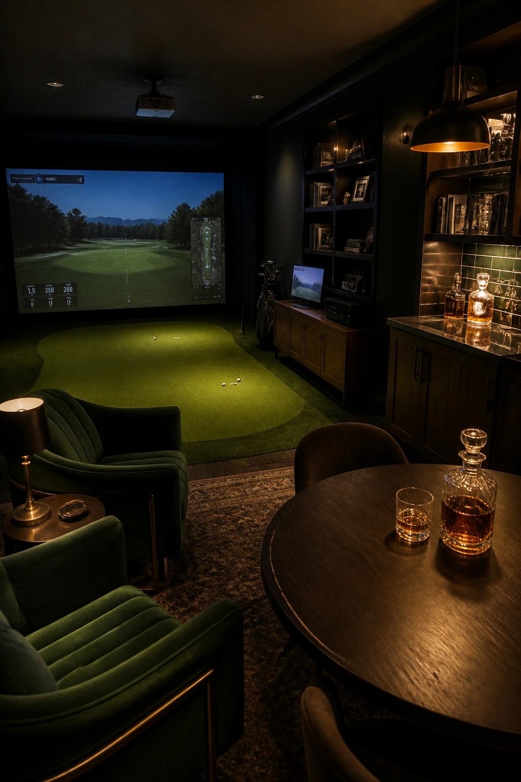 A dark interior room with a large golf impact screen showing a course at dusk, a curved putting mat on the floor, green velvet armchairs, a round wooden table holding whiskey glasses and a decanter, and a wooden bar area with shelves and bottles.