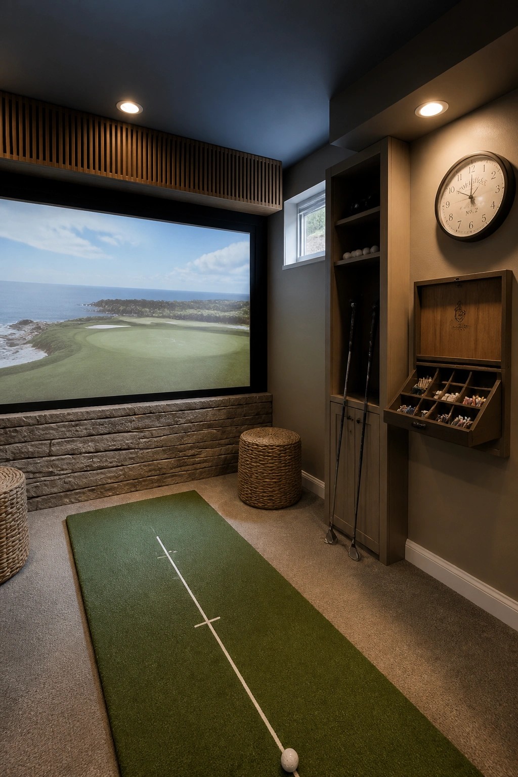 Golf simulator room with ocean course screen, putting mat, and wooden storage