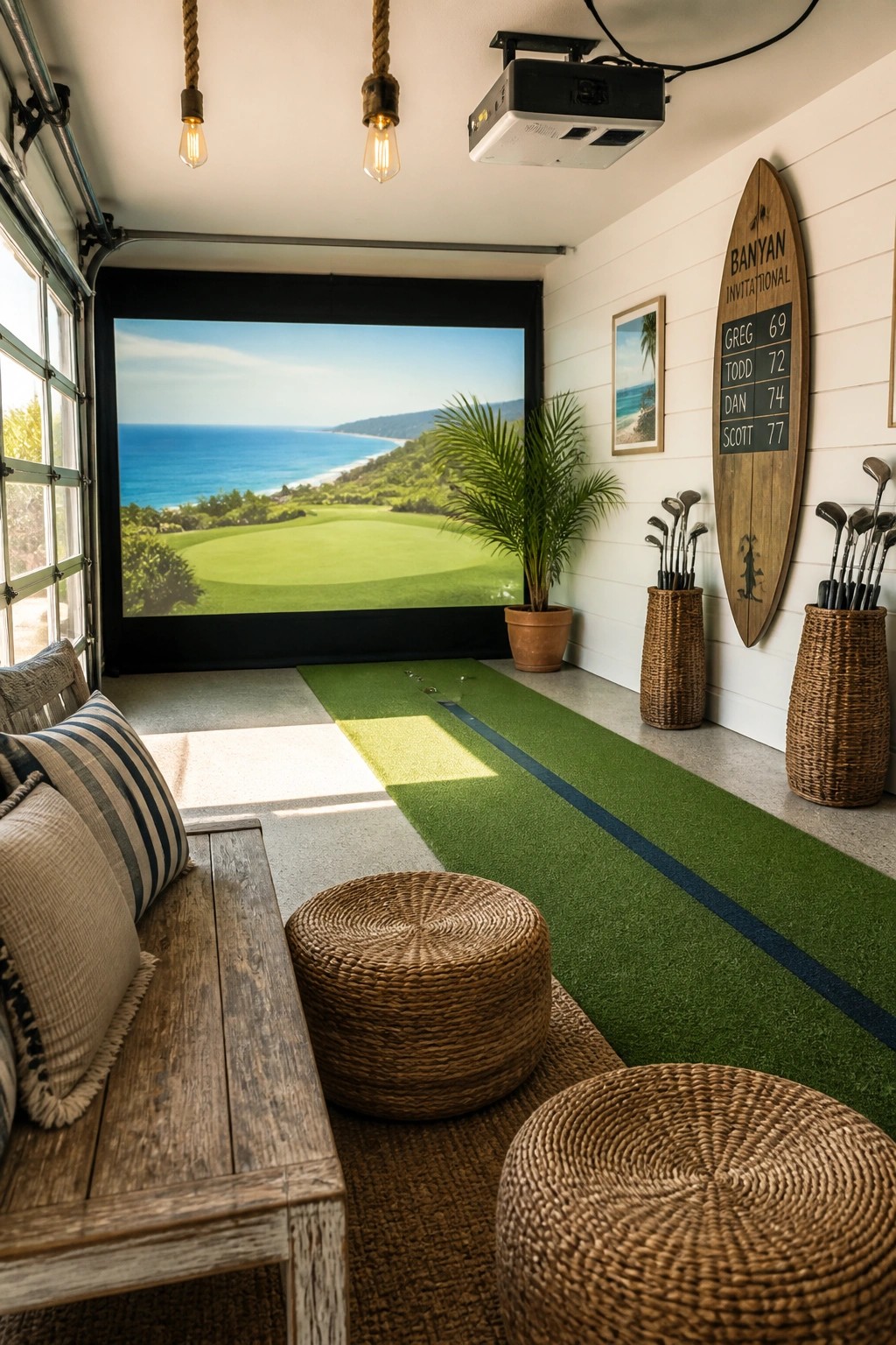 A garage interior set up as a golf simulator with a large impact screen showing a coastal golf course, a narrow strip of artificial turf running toward the screen, and casual seating in the foreground.