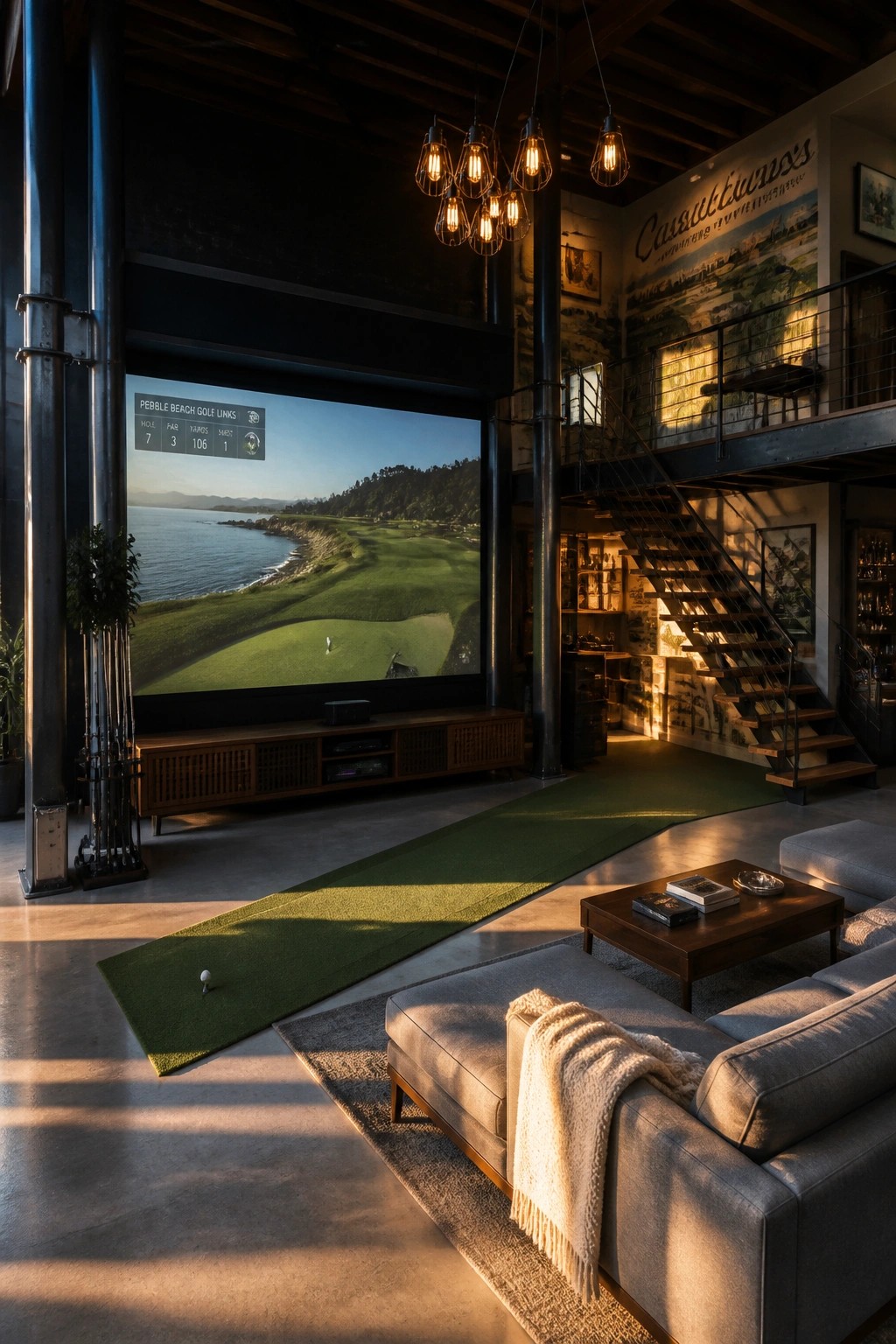 Modern loft with golf simulator screen, indoor putting green, and staircase.