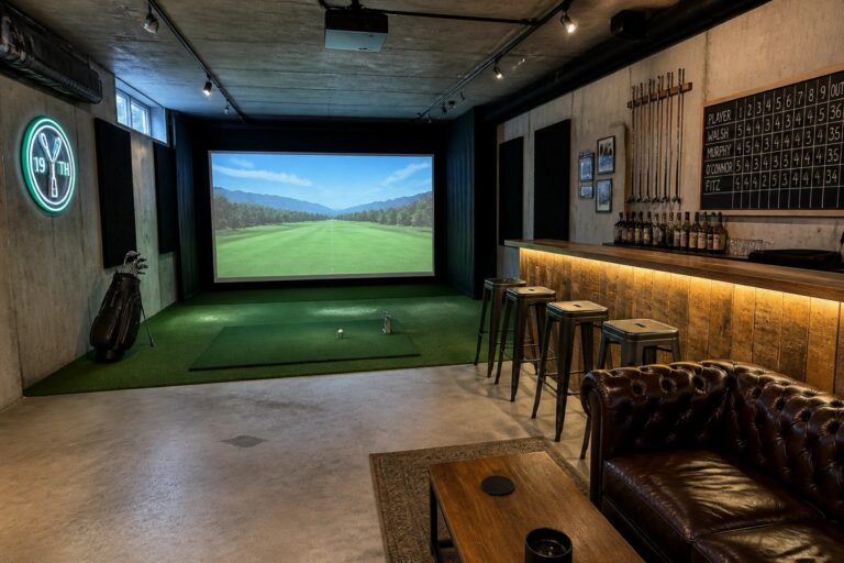 20 Interactive Golf Simulator Man Cave Ideas Designed Around Impact Screens Indoor golf simulator with projector screen, leather couch, bar stools, and neon sign.