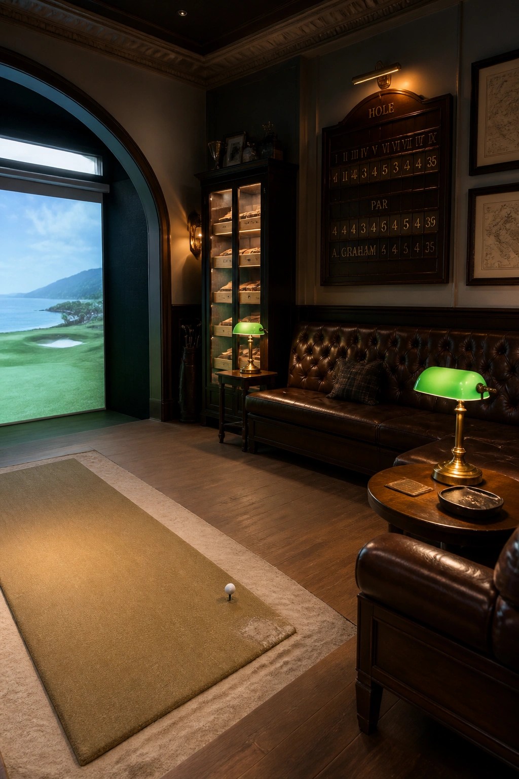 Interior view of a golf simulator room showing an impact screen displaying a golf course inside a large arched opening, with a putting mat and golf ball on the floor in front of it.
