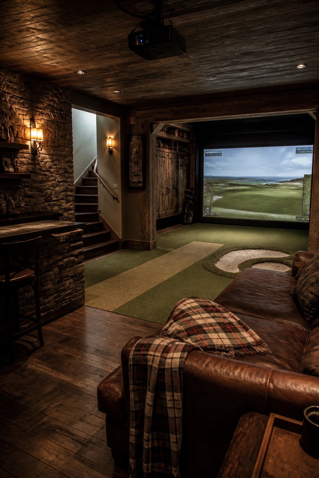 Cozy basement golf simulator with leather sofa, projector, stone bar, and turf flooring.