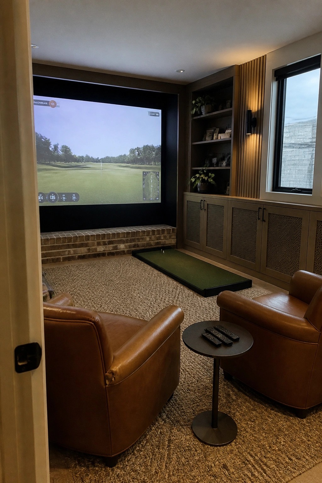 An indoor golf simulator room features a large impact screen on one wall, a green putting mat on the floor, two brown leather armchairs with a round side table, and built-in wood cabinetry along the right wall.