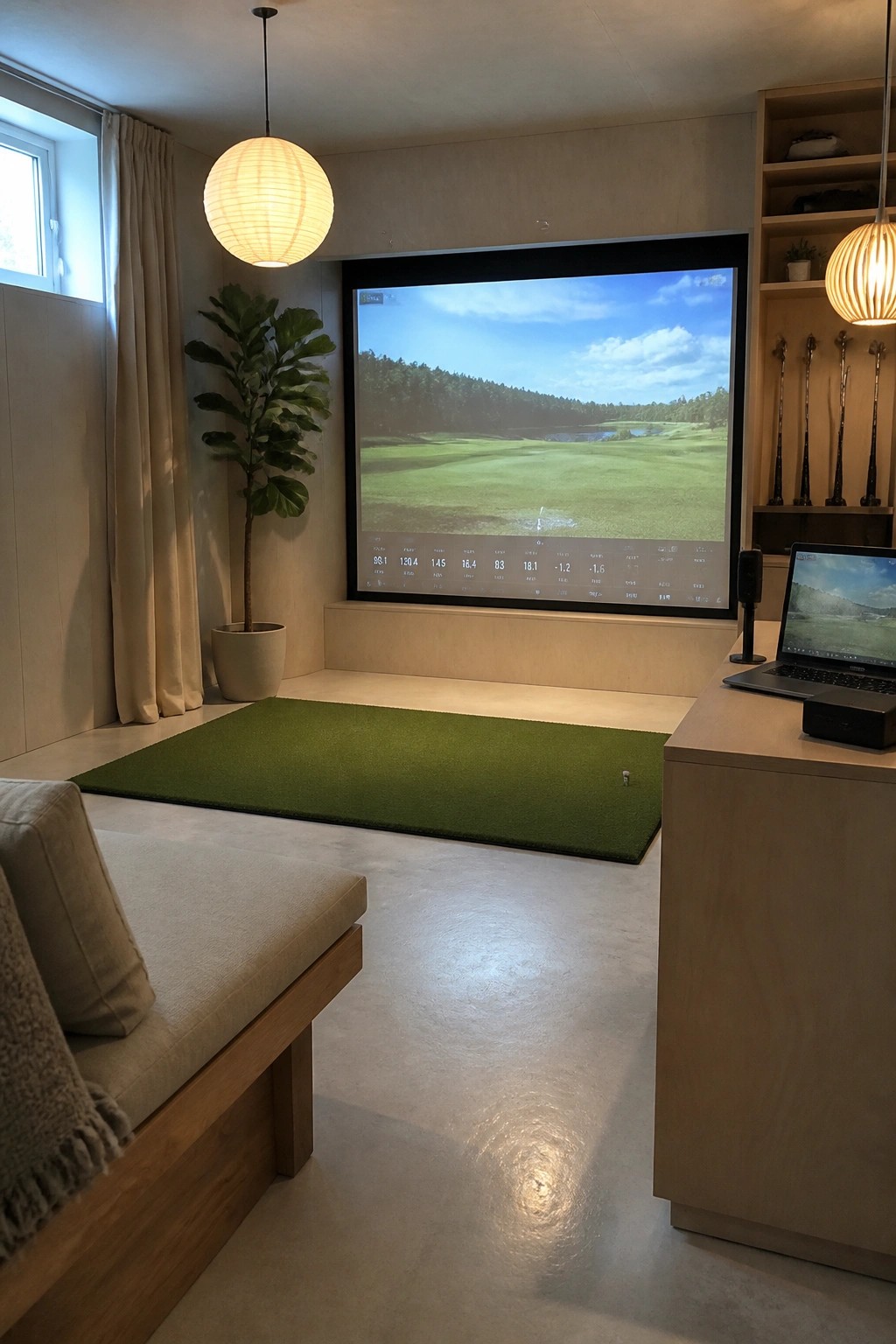 A golf simulator room with a large impact screen recessed into a light wood wall above a green turf mat, a wooden bench on the left, and a desk with a laptop on the right.