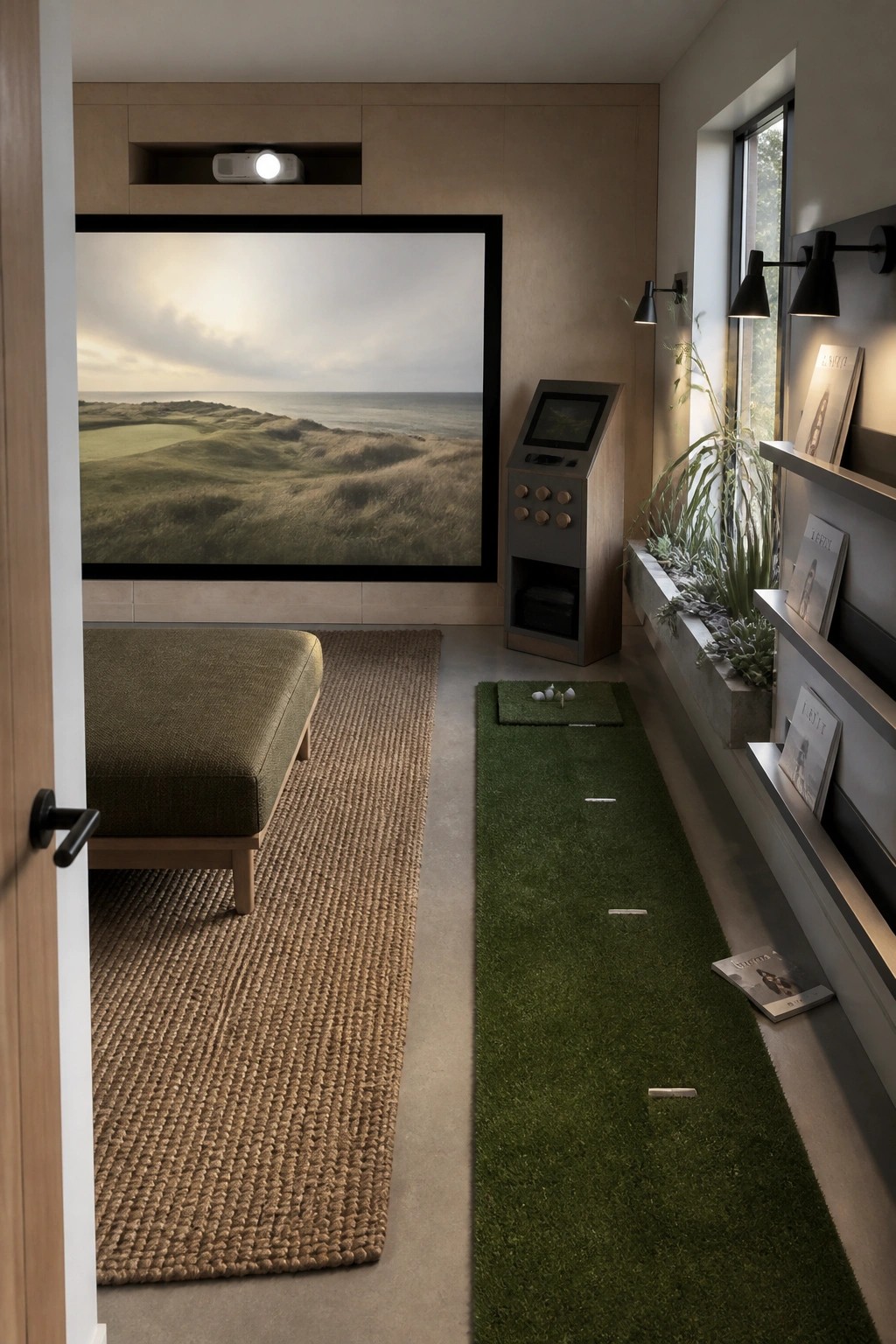 Modern golf simulator room with large projection screen, putting green, and minimalist decor