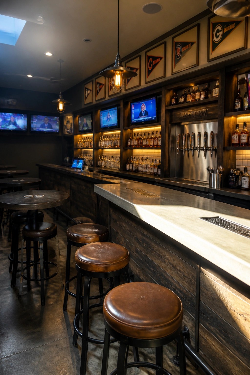 Interior view of a bar with dark wood built-in shelving, backlit bottle displays, a long concrete-topped counter, and leather stools in front.