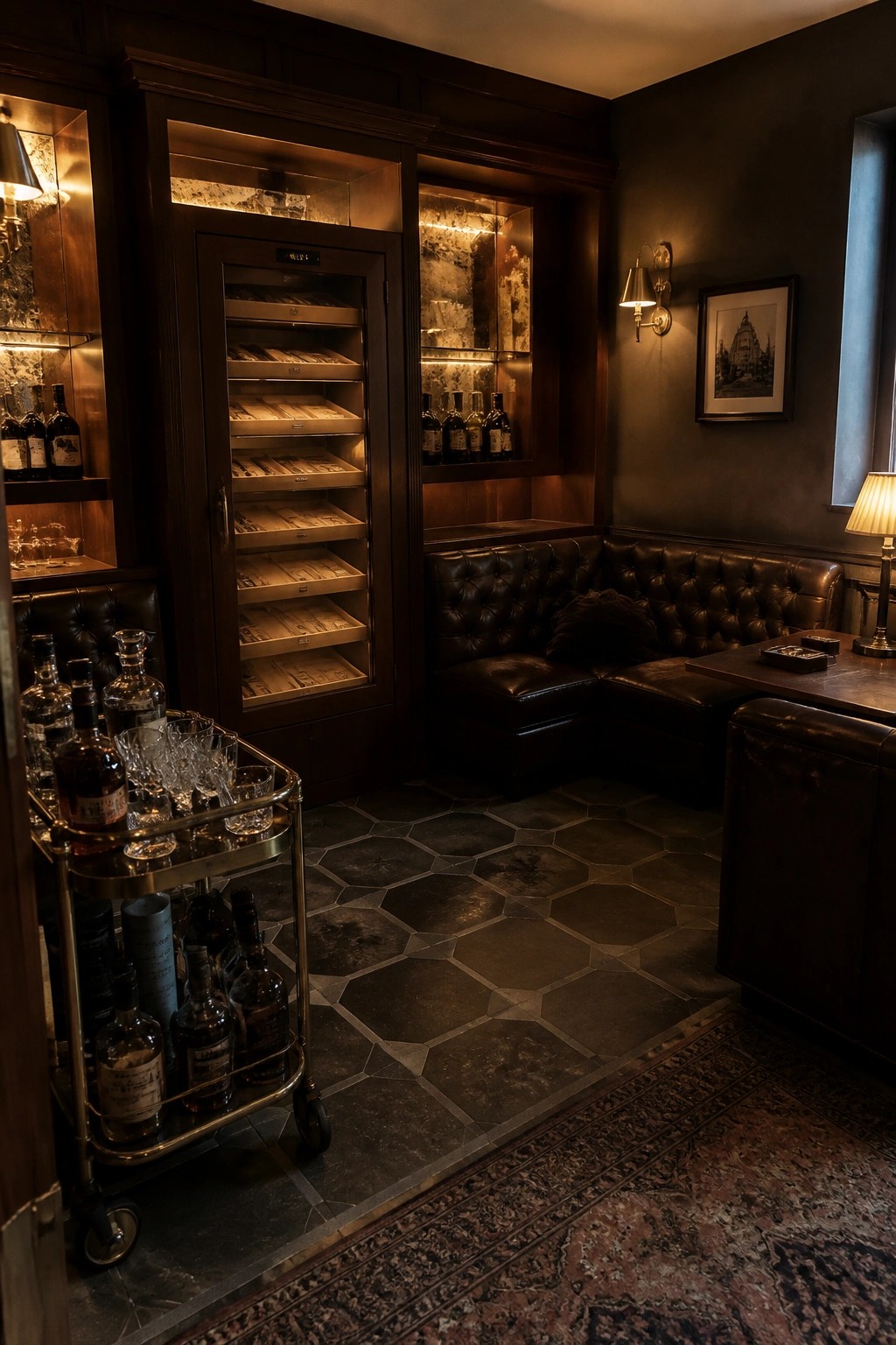 A dimly lit interior room with dark tufted leather seating, a rolling bar cart holding bottles and glassware, and built-in illuminated wooden cabinets displaying bottles and boxes.