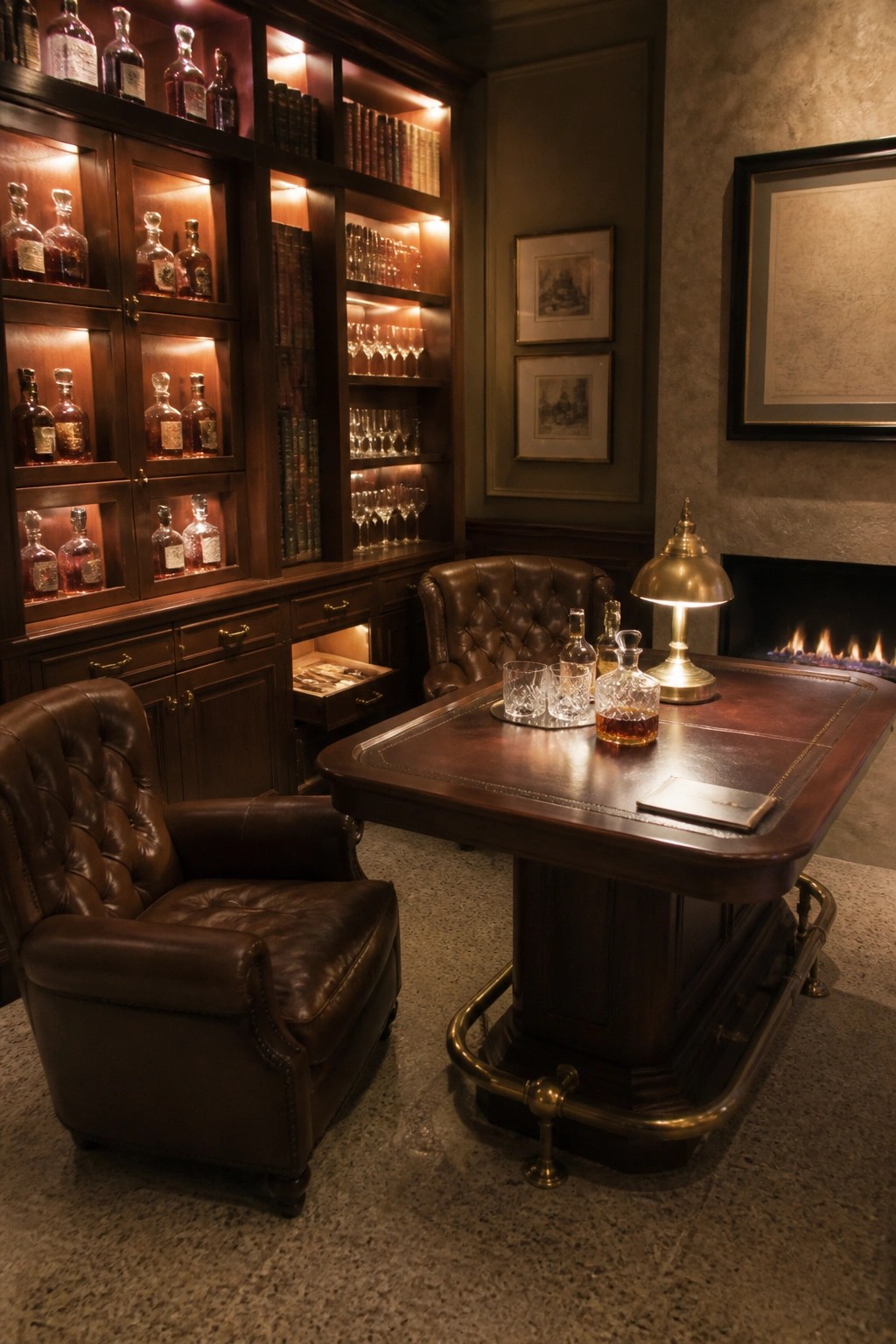Dark wood built-in shelves with integrated lighting display liquor bottles and glassware beside a leather armchair and a large wooden desk.