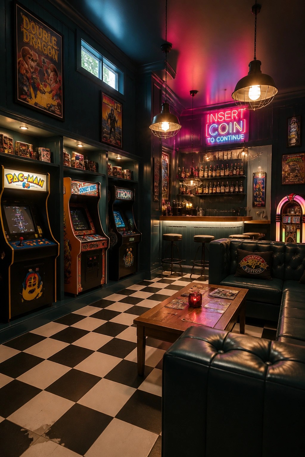 Interior of a retro-themed game room showing arcade machines set into dark built-in shelving with integrated lights, a bar area, black leather seating, and a neon sign on the wall.