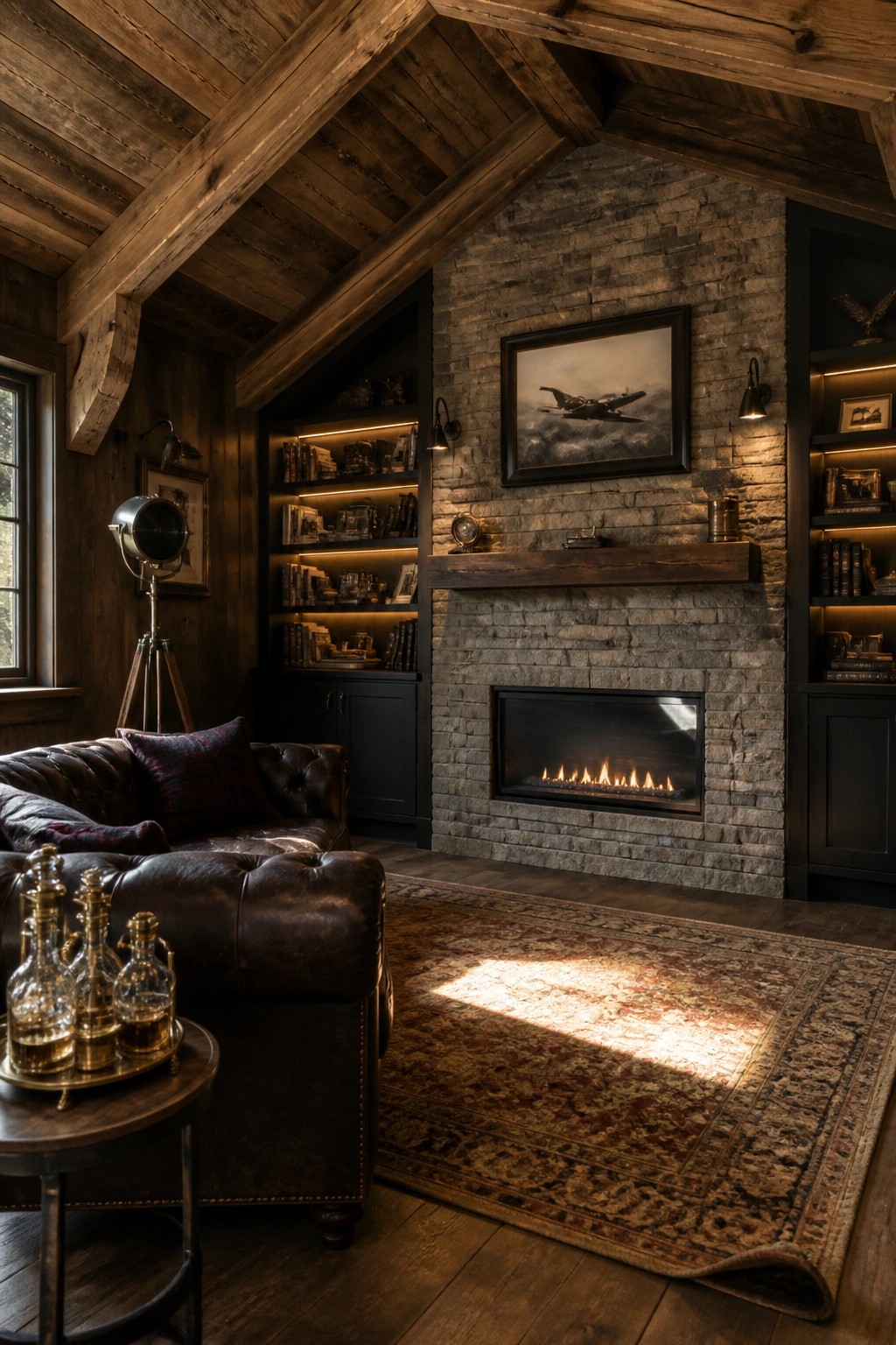Rustic living room with stone fireplace, leather sofa, wooden beams, and sunlit rug