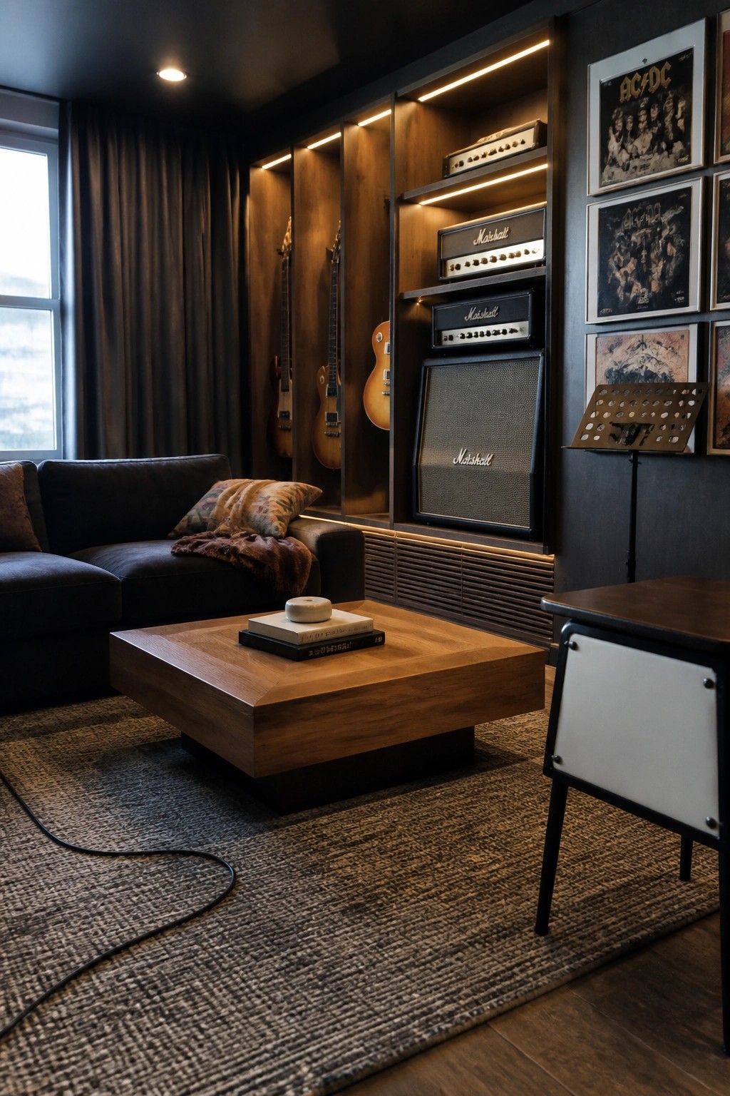 Interior view of a man cave showing a dark sofa, wooden coffee table on a rug, and a built-in wooden wall unit with integrated lighting holding several electric guitars and stacked Marshall amplifiers, plus framed posters on the right wall.