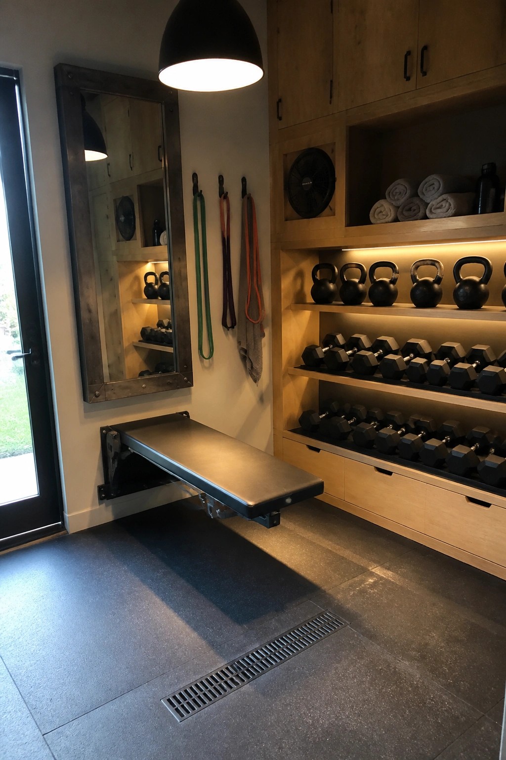 Interior view of a home gym with wooden built-in shelves holding black dumbbells and kettlebells under warm integrated lighting, a wall-mounted bench, hanging resistance bands, and a large mirror on the left wall.