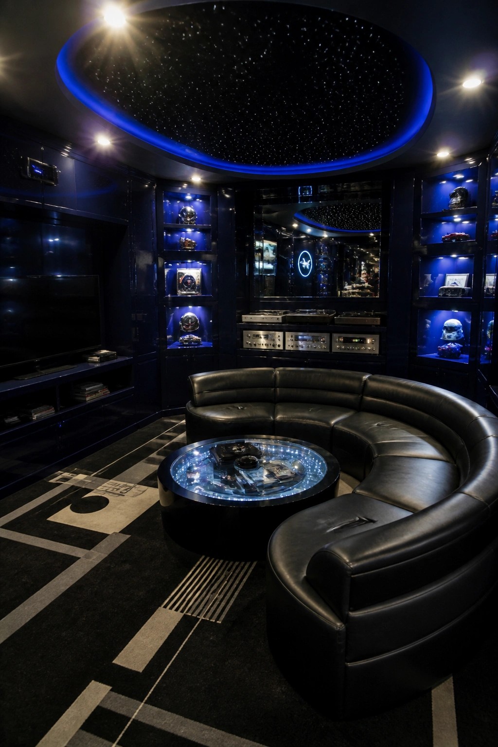 Dark futuristic lounge with curved black leather sofa, glowing round table, and helmet-filled shelves.