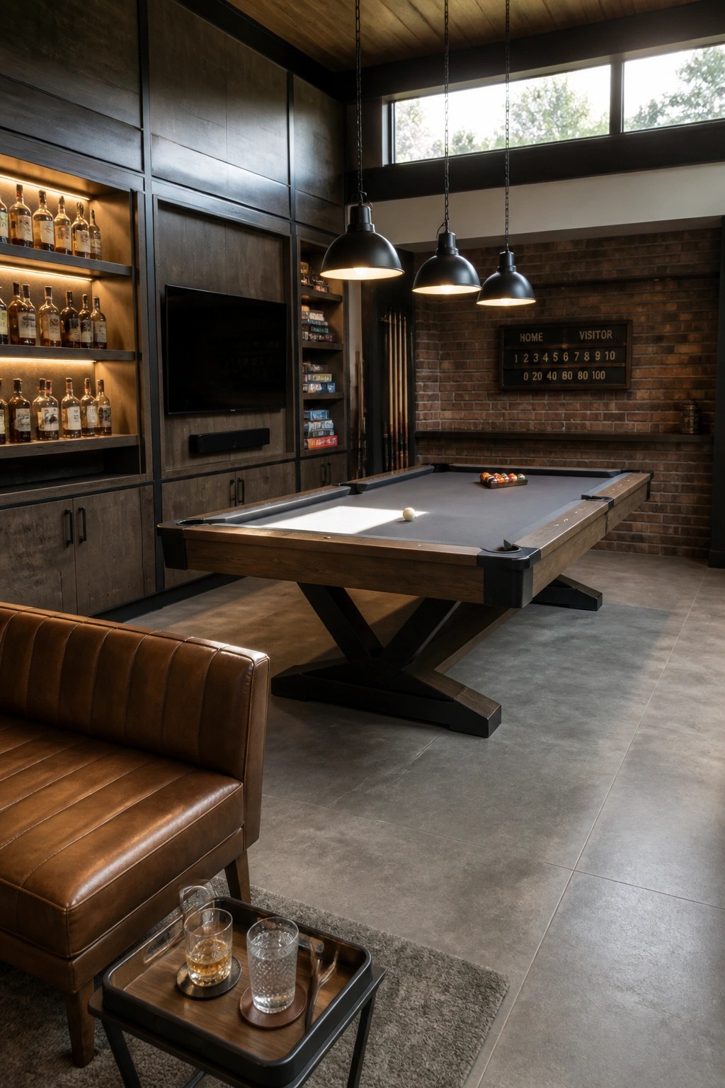 A spacious man cave with a wooden pool table, brown leather bench, backlit built-in shelves holding liquor bottles, and three black pendant lights overhead.
