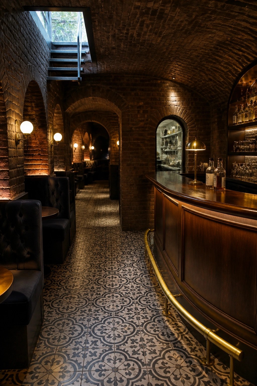 Interior view of a narrow bar space with a curved dark wood bar on the right, patterned tile floor, brick arches, and seating on the left.