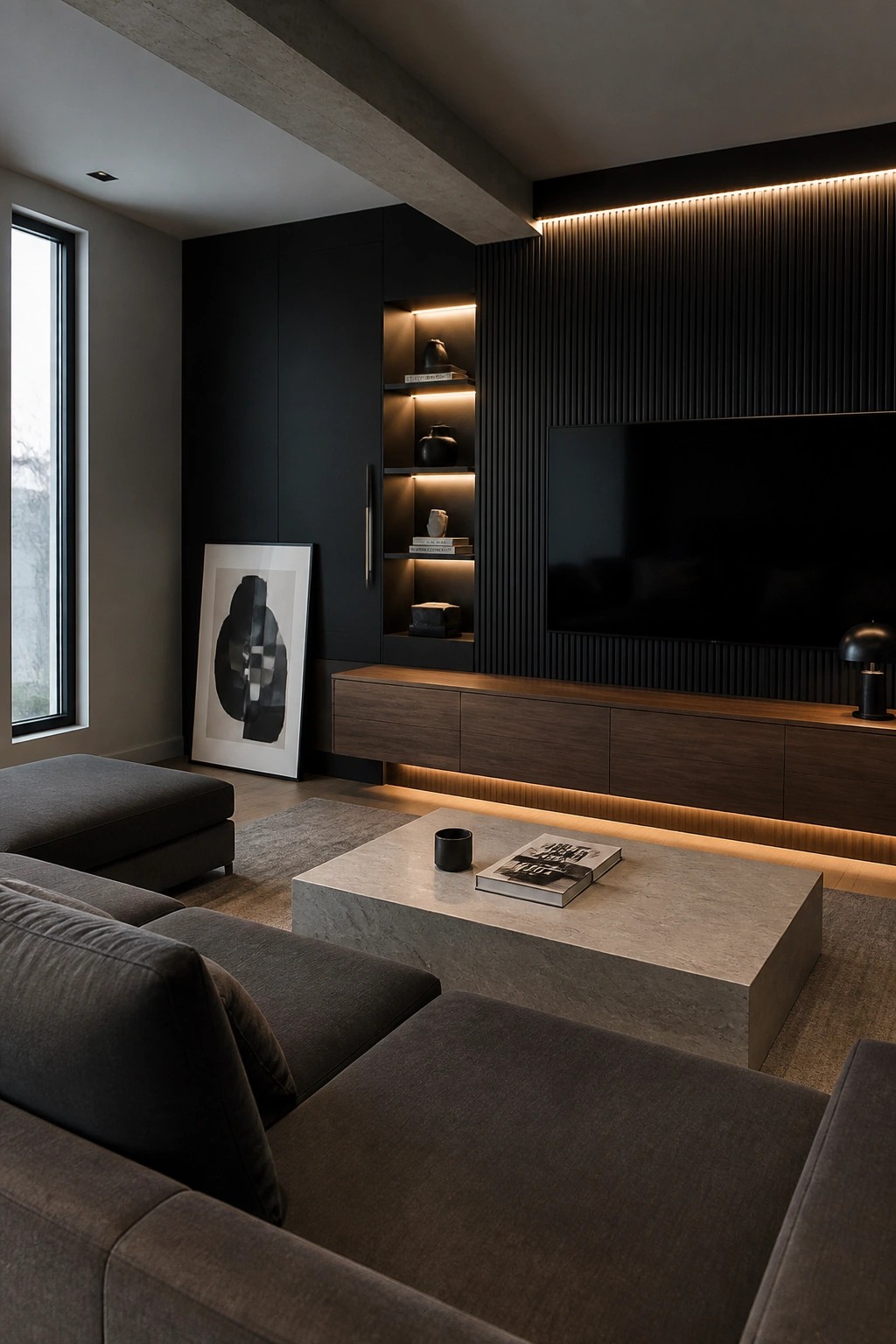 Modern living room with dark built-in millwork, illuminated open shelves, a wall-mounted television, and a large stone coffee table in front of a gray sectional.