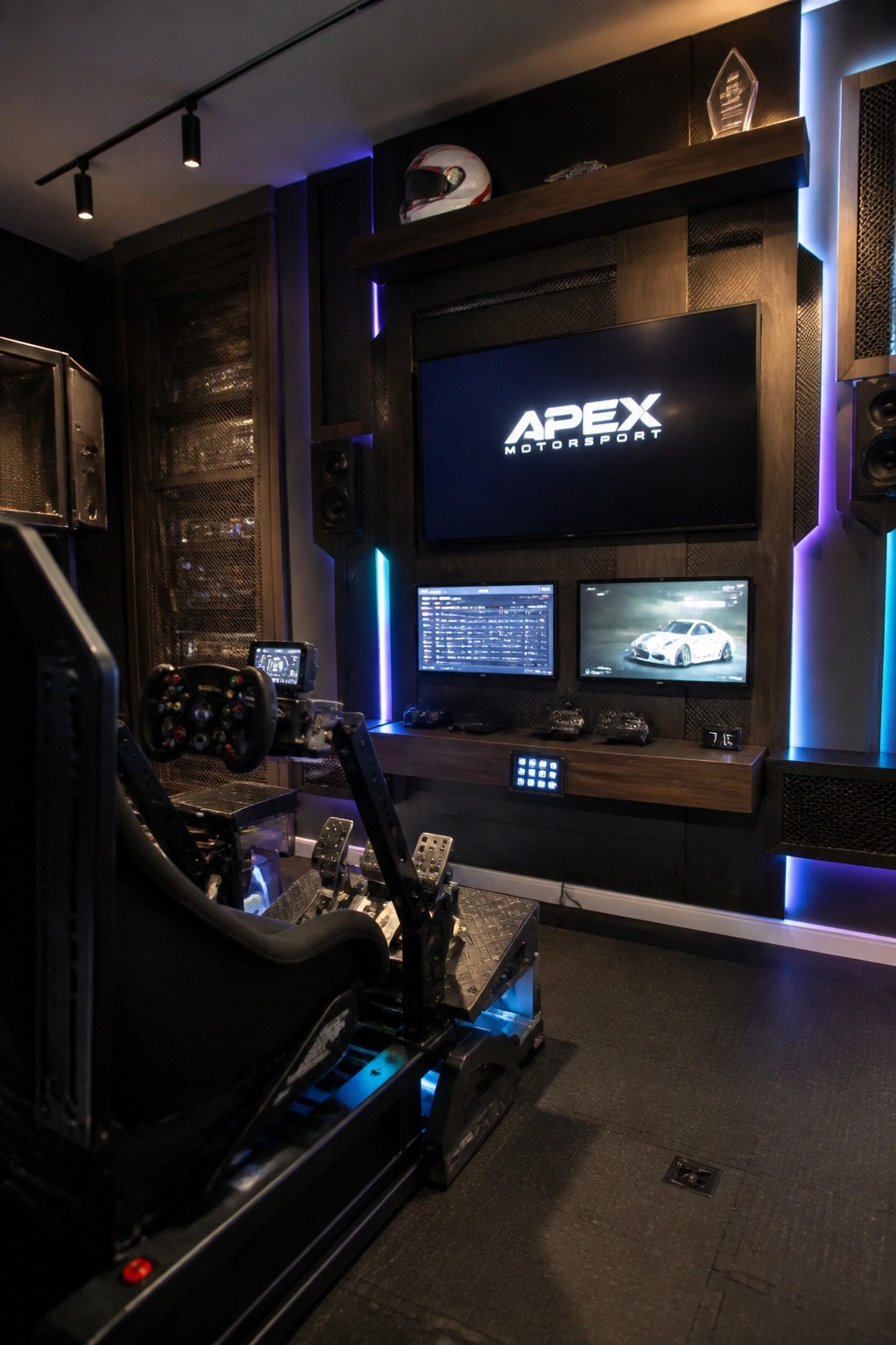 A home racing simulator setup in a room with dark wood paneling, multiple monitors, a black racing seat with wheel and pedals, and blue integrated LED lighting along the walls and shelves.