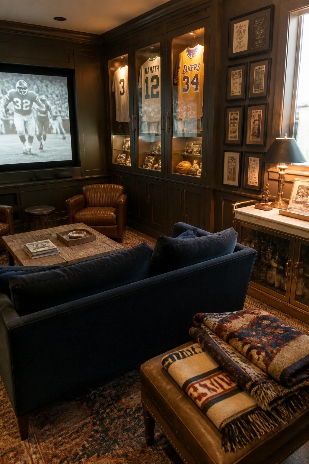 A dark wood-paneled room with illuminated display cabinets holding sports jerseys, a large projection screen, and navy seating around a wooden coffee table.