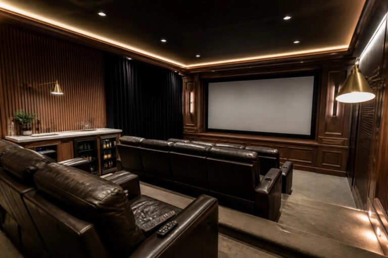 20 Luxe Man Cave Ideas Featuring Custom Millwork and Integrated Lighting A dimly lit home theater with rows of dark leather recliners on carpeted risers, a large projection screen showing a coastal scene, dark wood paneling, and built-in cabinetry with integrated lighting.