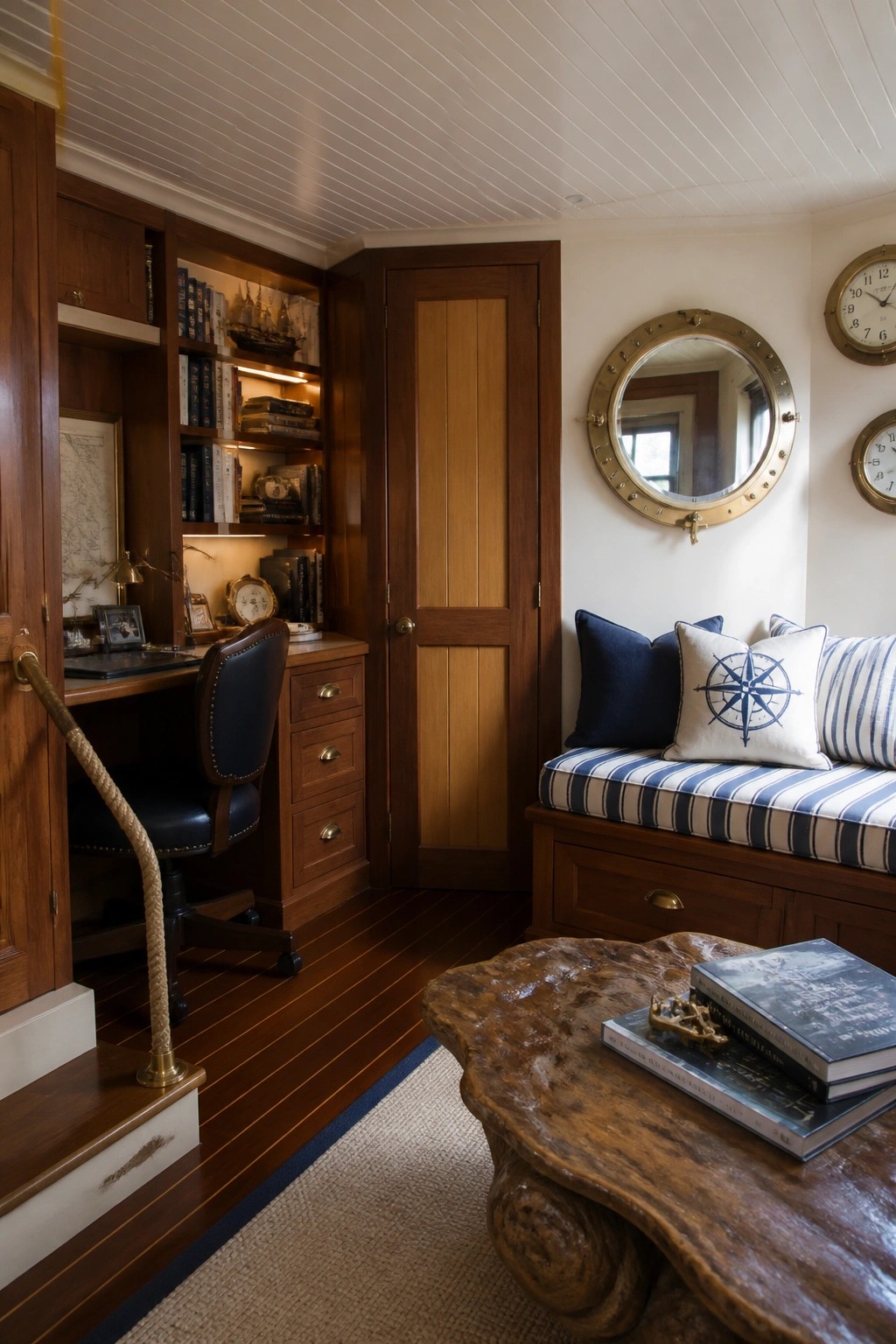 Nautical room with wooden desk, striped daybed, porthole mirror, and rustic coffee table.