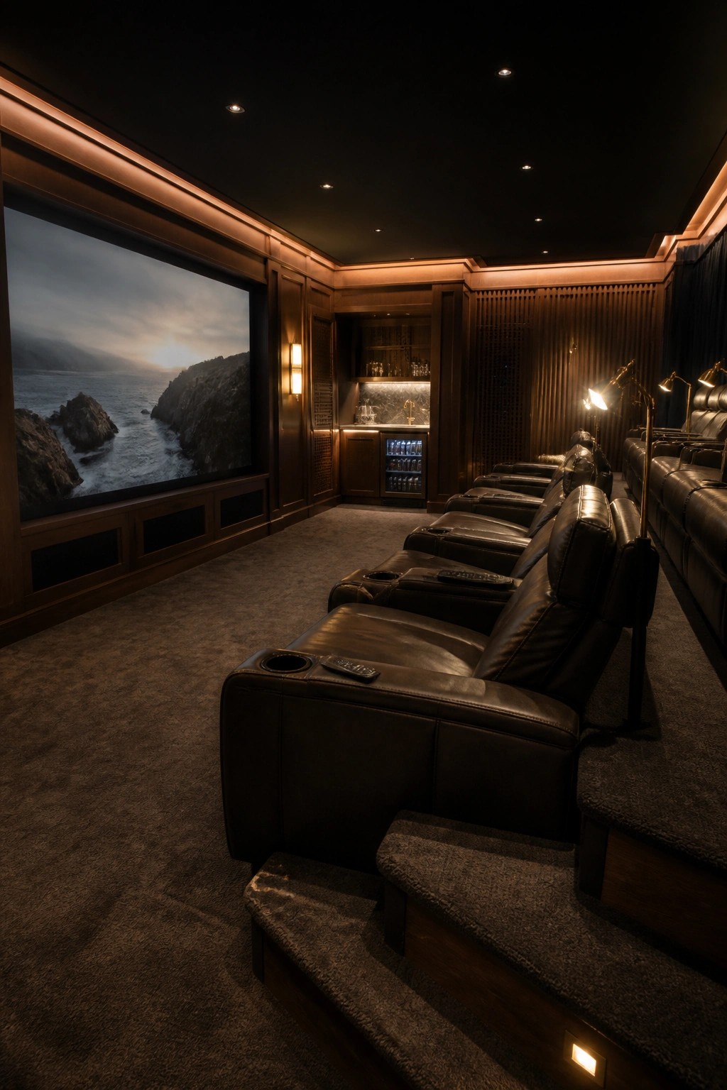 A dimly lit home theater with rows of dark leather recliners on carpeted risers, a large projection screen showing a coastal scene, dark wood paneling, and built-in cabinetry with integrated lighting.