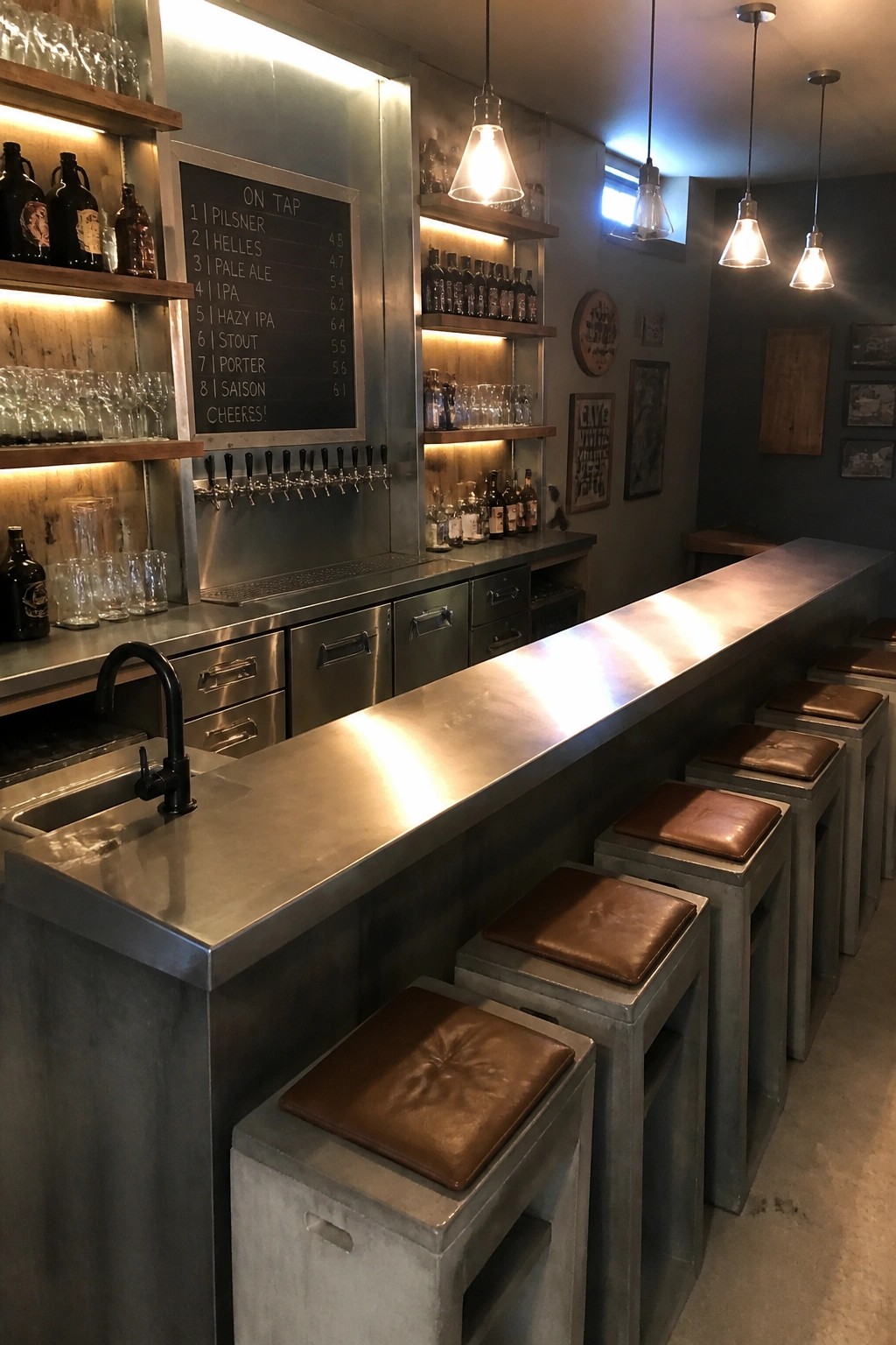 A stainless steel home bar counter with concrete stools topped in brown leather, backlit wooden shelves holding bottles and glasses, and a chalkboard menu listing beers on tap.