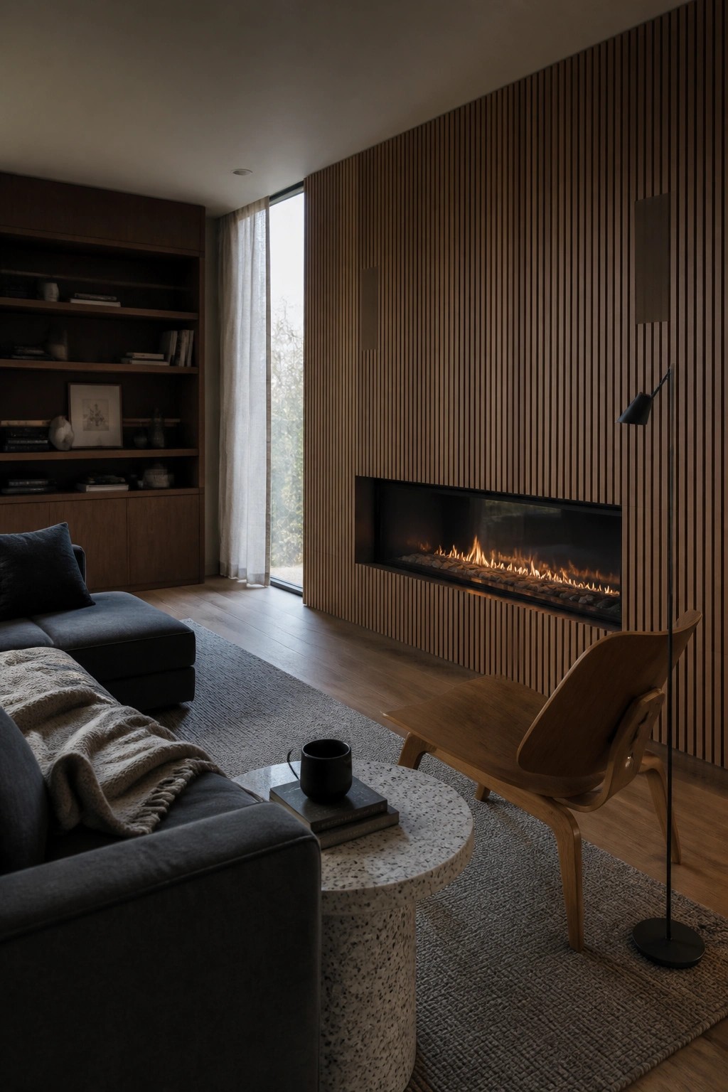 Modern living room with fireplace on wood wall, gray sofa, wooden chair, and coffee table.