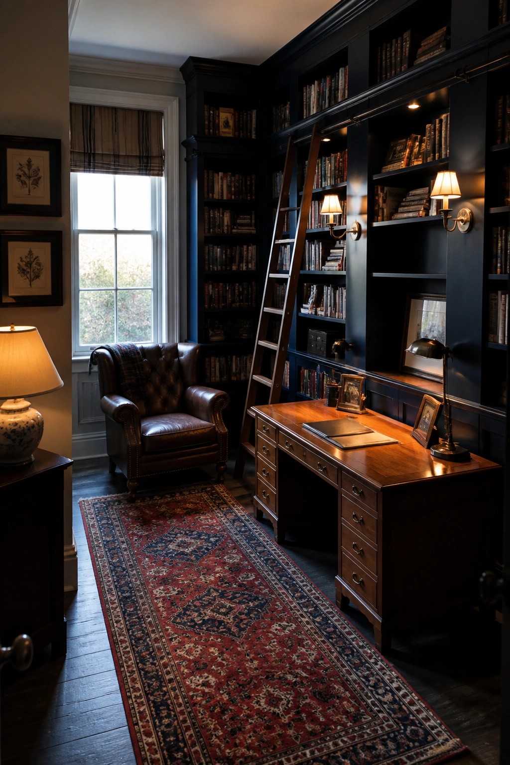 Dark library with built-in bookshelves, wooden desk, leather chair, and red rug.