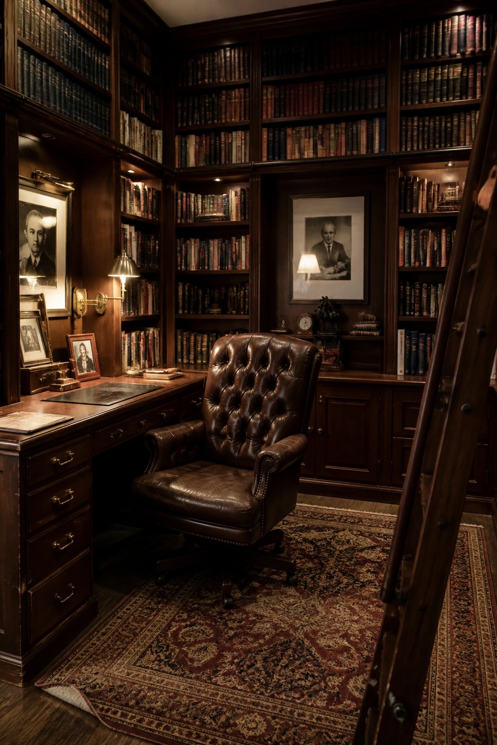 Luxurious dark wood library with tufted leather chair, desk, bookshelves, and ladder.