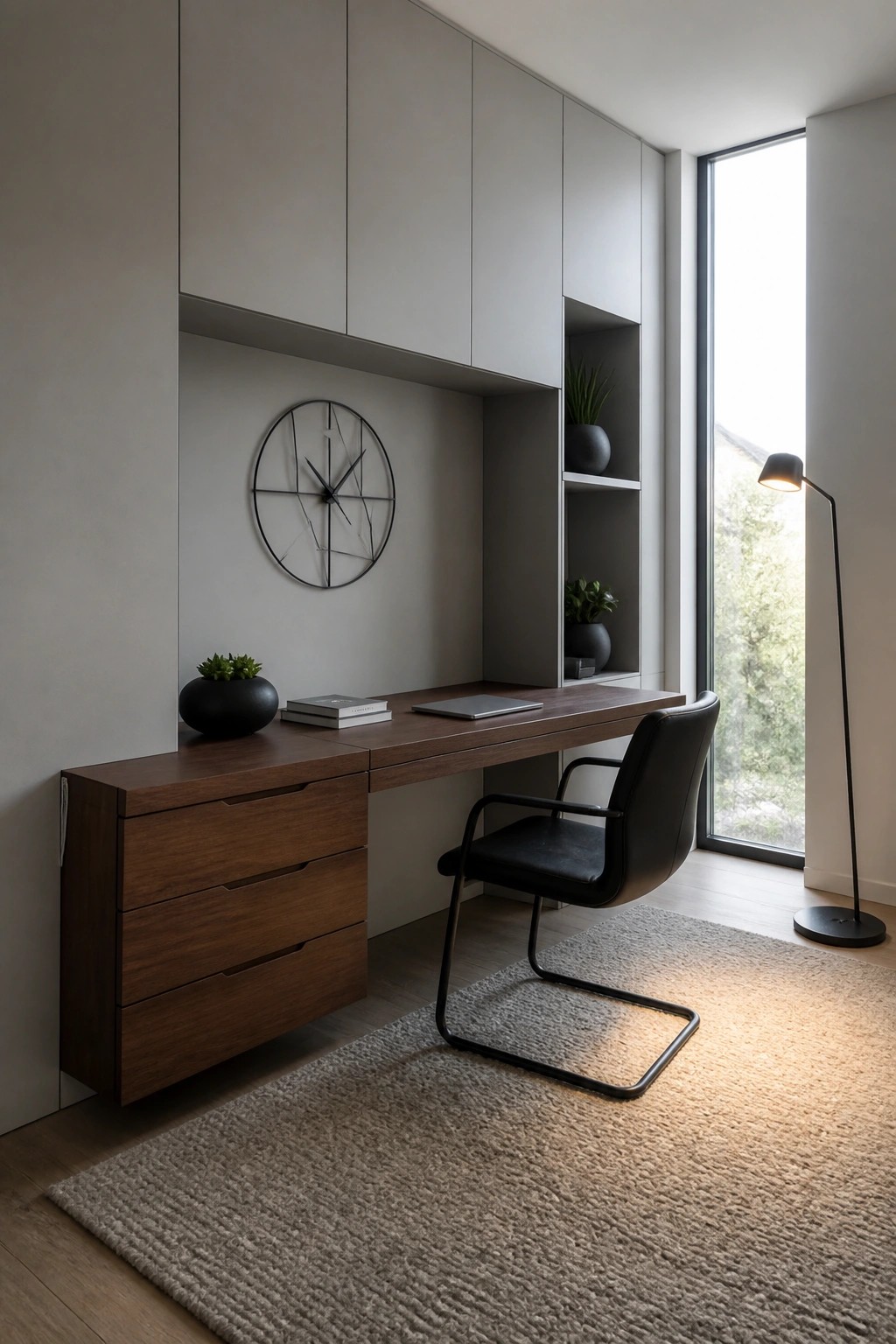 A home office with a long wooden desk, built-in gray wall cabinets above it, a black leather chair, and a large window on the right.