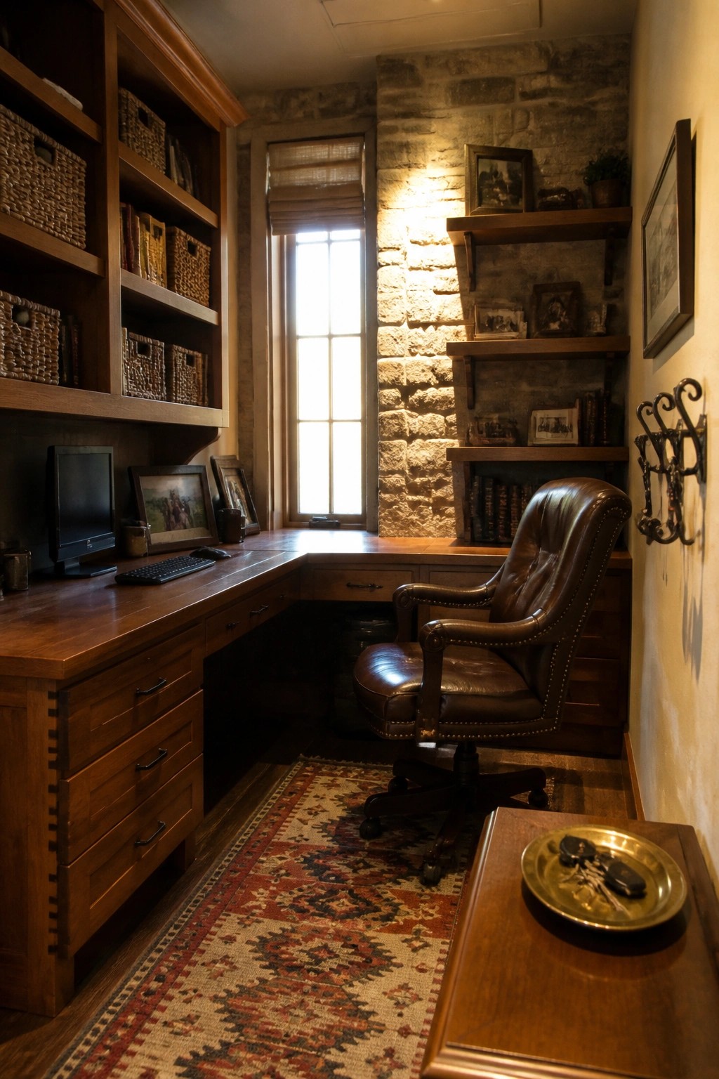A home office featuring a wooden corner desk with built-in bookshelves on both sides, a brown leather swivel chair, a large window, and a stone accent wall.