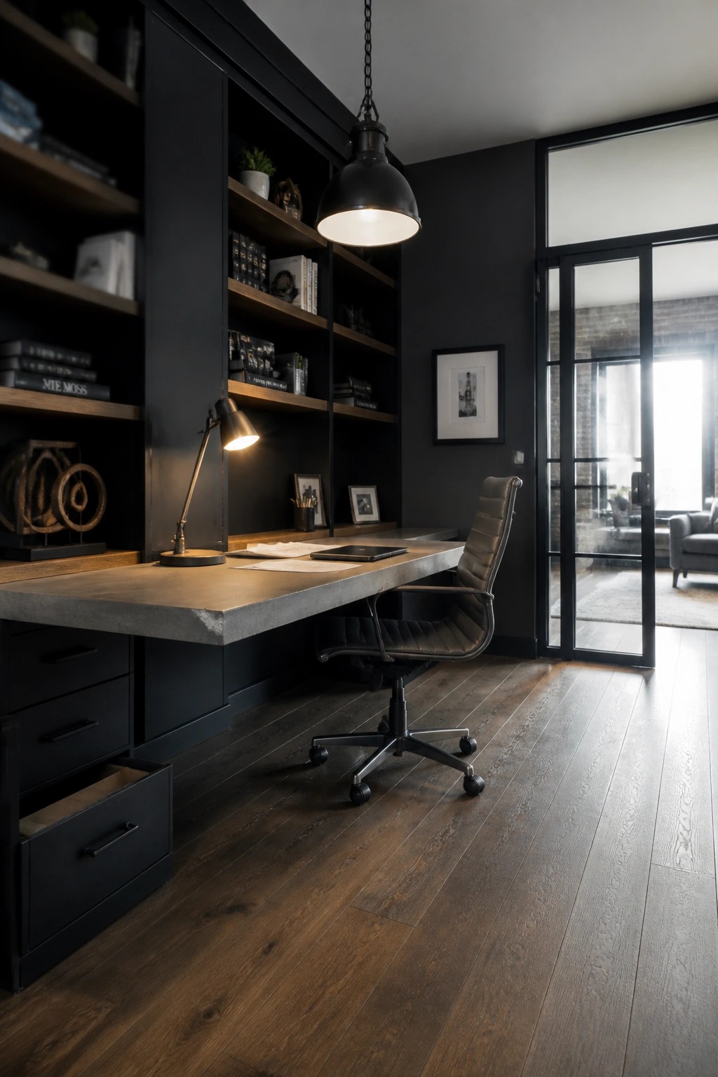 A masculine home office with a long concrete desk, dark built-in bookshelves, a brown leather office chair, and a black pendant light.