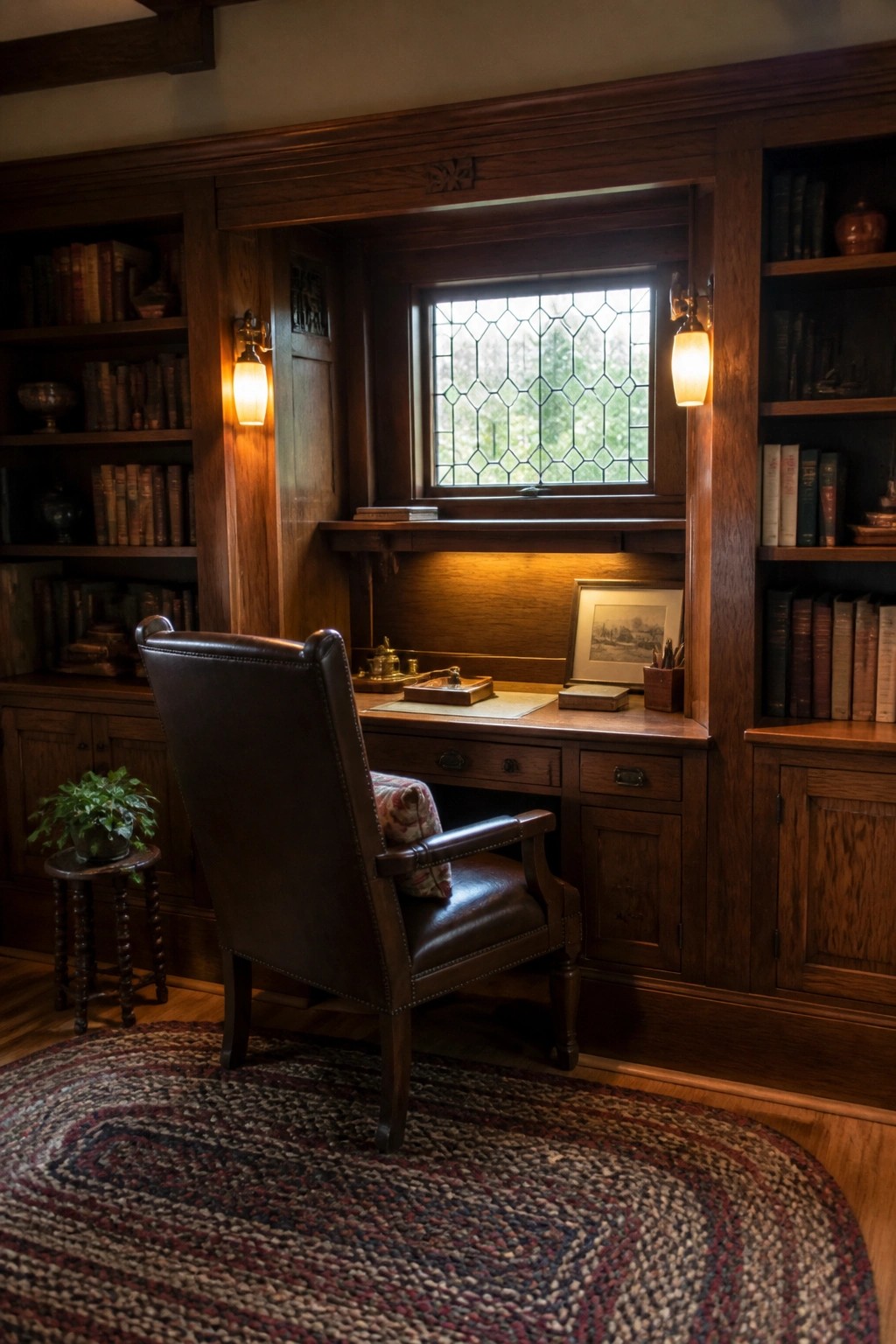 A masculine home office featuring a wooden desk built into dark wood bookshelves and cabinetry with a window above the desk and a leather chair in front.