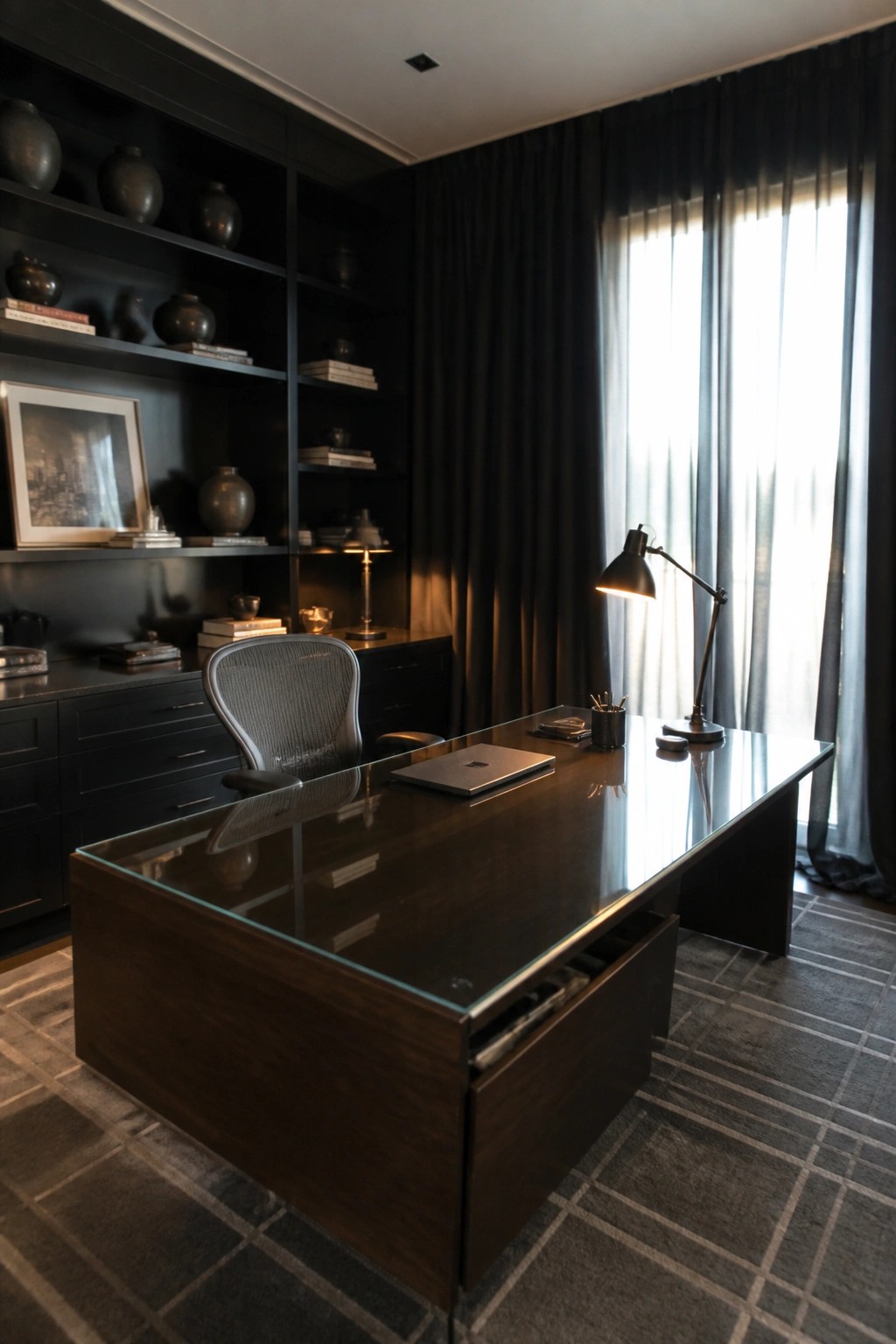 A dark home office featuring a large wooden desk with a glass top, a mesh office chair, and floor-to-ceiling black built-in shelving filled with books and vases.